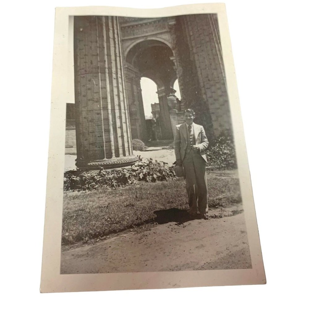 Found Photo Sharp Dressed Man Standing at Cathedral Museum 1930s Vintage